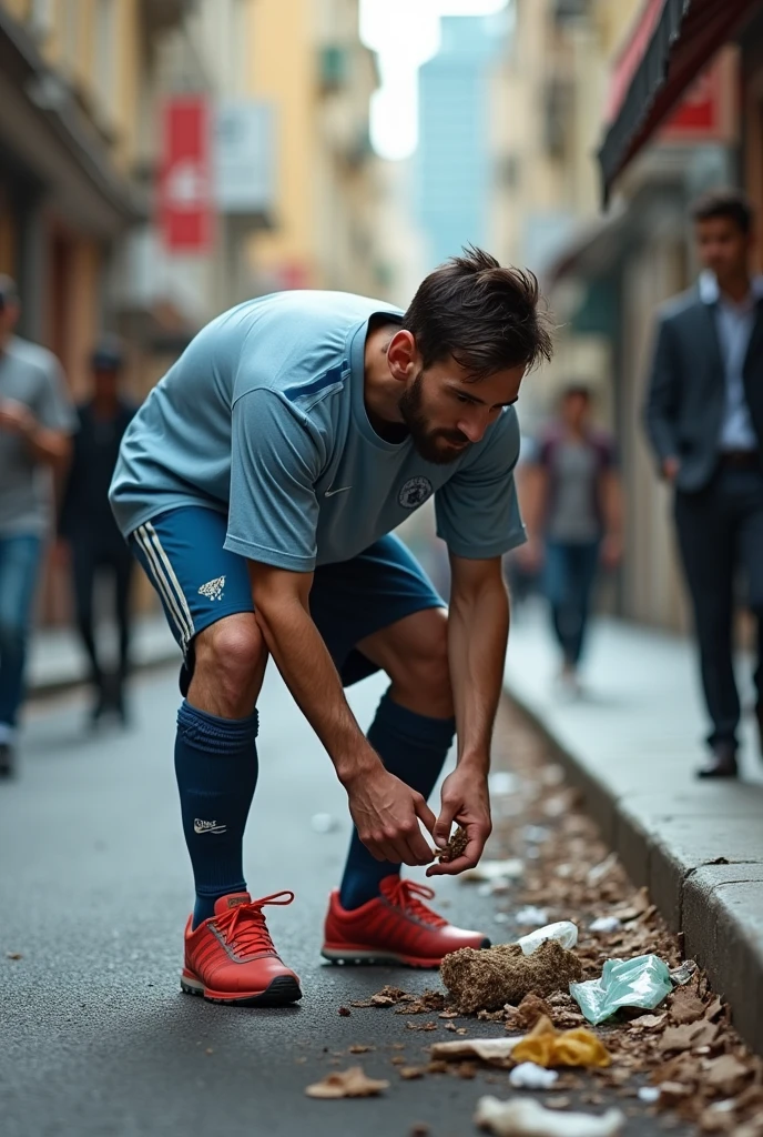 Messi picks up trash from the street