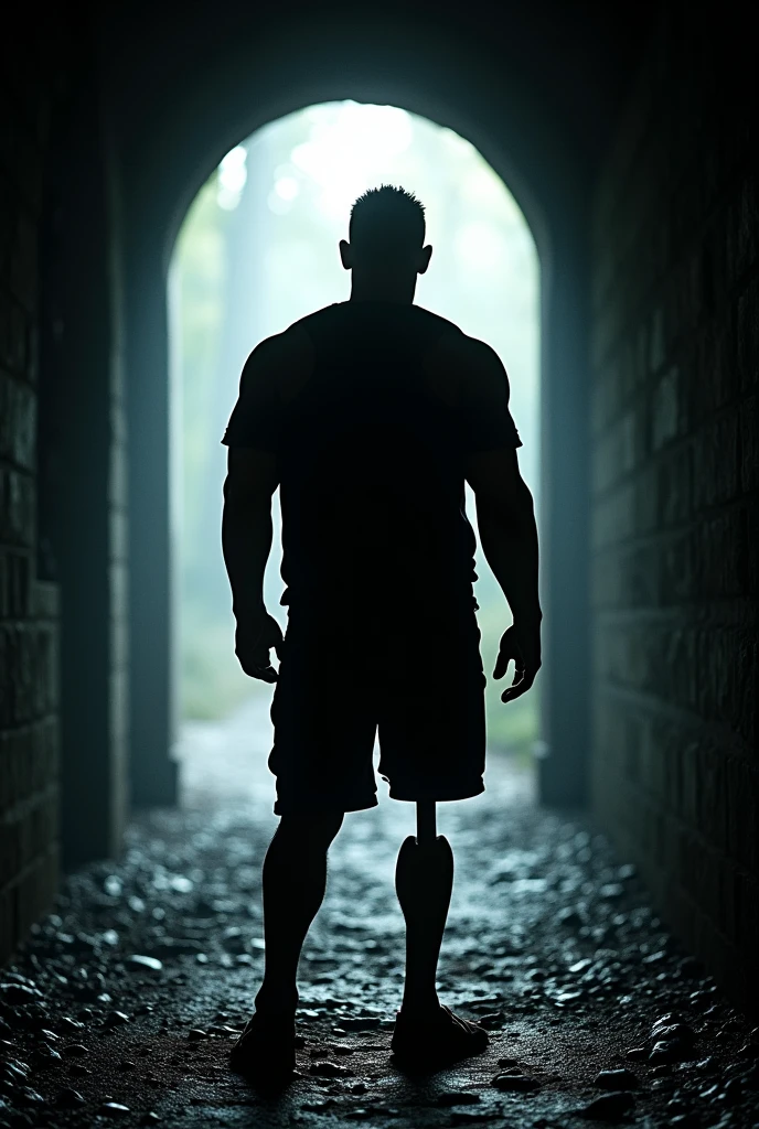 Silhouette of a robust man with his left leg amputated at the entrance of a tunnel