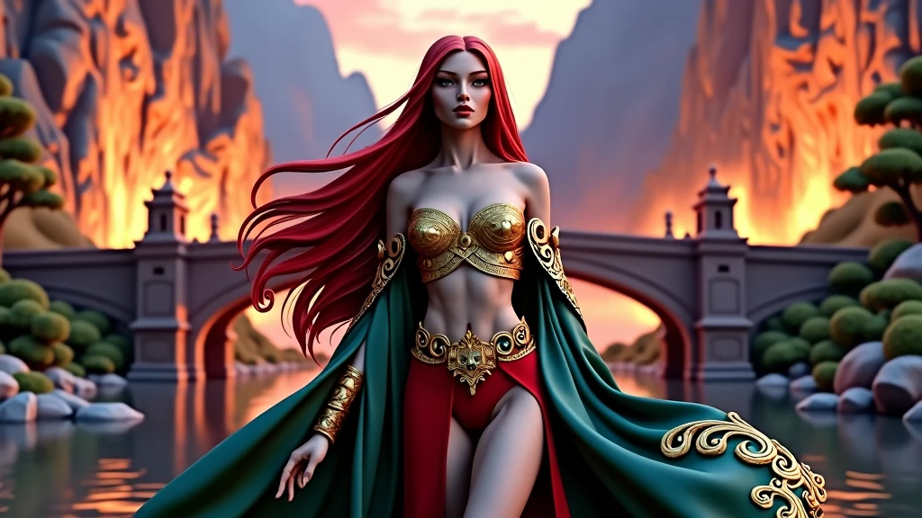 A cinematic, hyper-detailed, and photorealistic 3D render of a fantasy setting. A sensual, sexy woman with red very long hair and vibrant eyes and lips is the main focus. She is wearing intricate, detailed clothing with gold and red tones. The background reveals a dramatic lighting with mountains, trees, and a bridge. The overall image has vibrant colors and is a masterpiece.