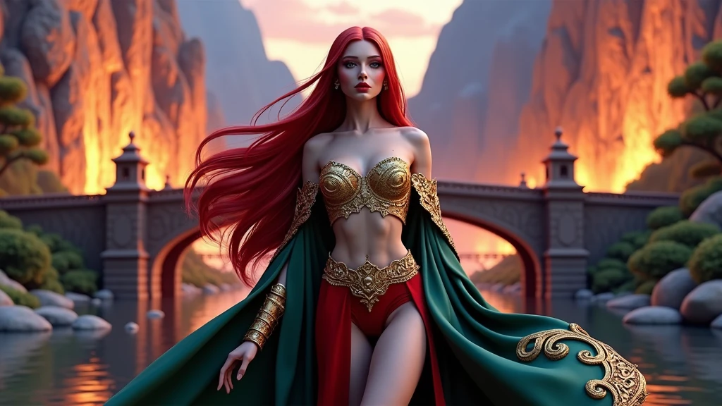 A cinematic, hyper-detailed, and photorealistic 3D render of a fantasy setting. A sensual, sexy woman with red very long hair and vibrant eyes and lips is the main focus. She is wearing intricate, detailed clothing with gold and red tones. The background reveals a dramatic lighting with mountains, trees, and a bridge. The overall image has vibrant colors and is a masterpiece.