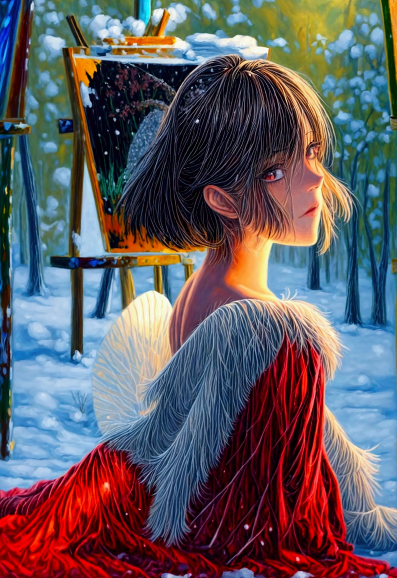 (oil painting art: 1.5) a most beautiful fairy playing in the snow, a beautiful fairy, ((full body shot: 1.5)), (best detailed face: 1.3), spread butterfly wings, dynamic hair color, dynamic hair style, busty, wearing red silk dress, intricate silk, wearing high heels boots, she is playing the snow, fresh snow in the forest, high snow, wide shot, High Detail, Ultra High Quality, High Resolution, 16K Resolution, Ultra HD Pictures, Ultra Realistic, Clear Details, Realistic Detail, Ultra High Definition