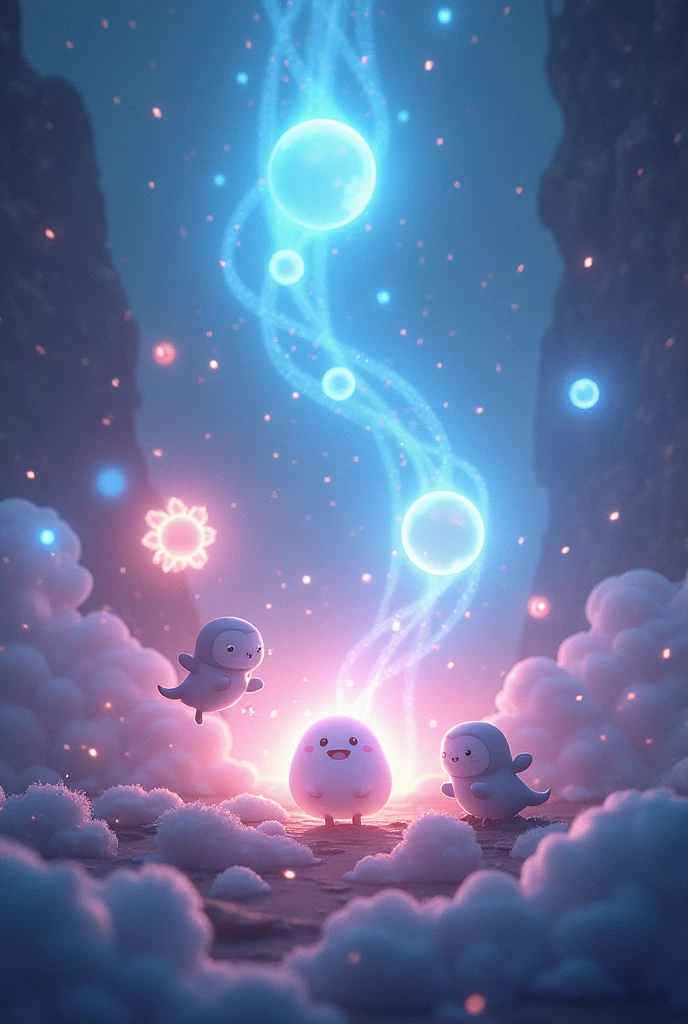 Image: The group travels to the Land of the Noble Gases, where the atmosphere is calm and serene, with a soft, ethereal glow. Elements like Helium (He) and Neon (Ne) are depicted as peaceful, luminous beings, floating gently in the air. Proton, Electron, and Neutron observe the tranquil surroundings with a sense of wonder. The background is filled with gentle, shimmering lights that add to the peaceful ambiance. Helium and Neon are personified with soft, glowing features, emanating a serene energy