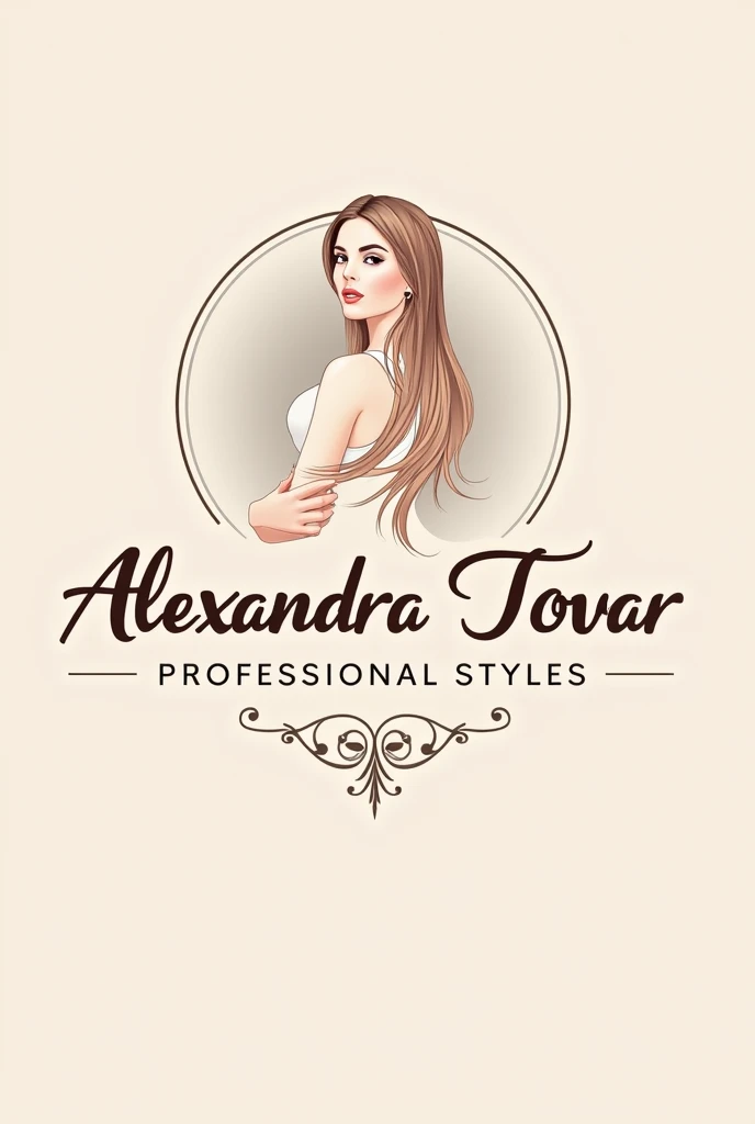Logo: "Alexandra Tovar Professional Styles"; With elegant letters and soft colors; nail design and long hair