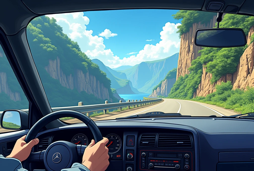 Interior of a car, a road with a cliff on the left side as seen through the windshield, in anime style