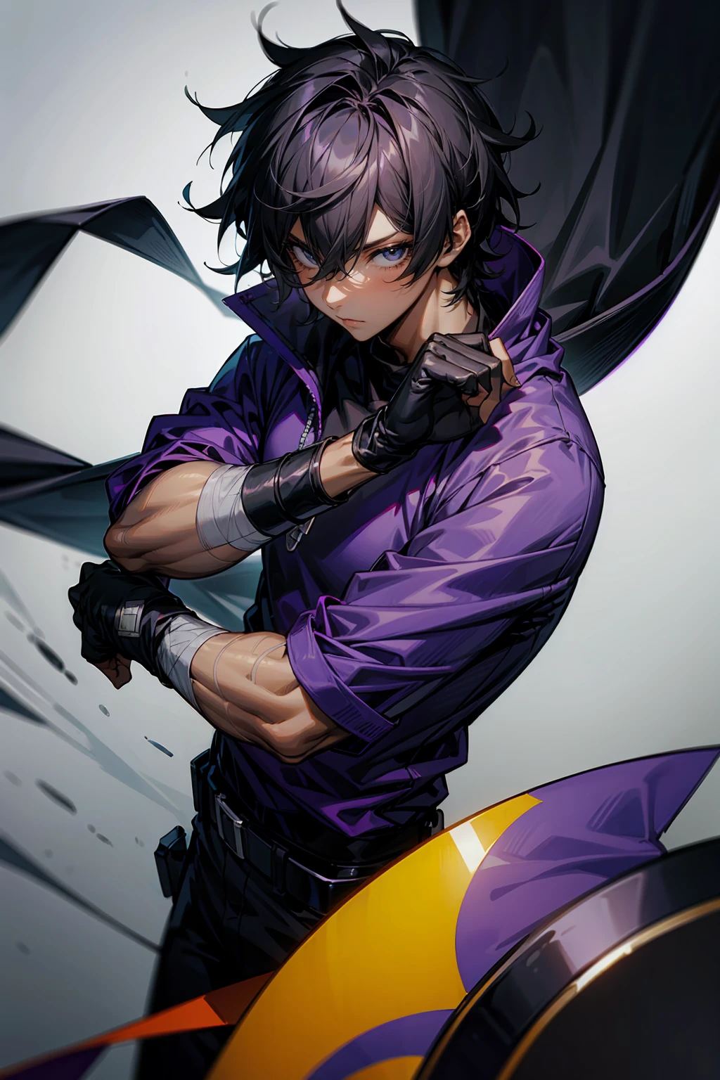 high quality, 1male, adult male, black eyes, black hair, medium length hair, darkskin, black bandages on arms, purple gloves, black and purple yukata, grey sweatshirt, serious