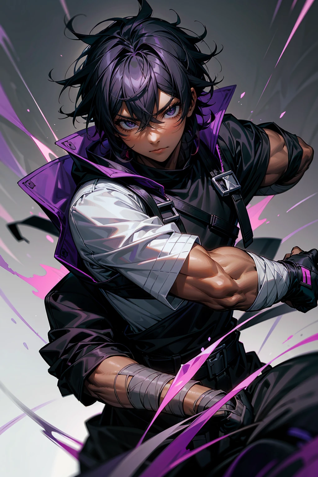 high quality, 1male, adult male, black eyes, black hair, medium length hair, darkskin, black bandages on arms, purple gloves, black and purple yukata, grey sweatshirt, serious