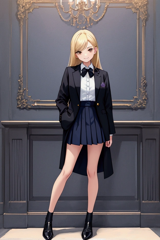 Masterpiece, a young beautiful girl, smiling, looking at the camera, standing in front of a clump of roses, wearing a dark blue button up jacket, dark blue skirt, black stockings, black shoes.  flowers, full-body photo, casual pose, slender legs. Blonde hair, Brown eyes.