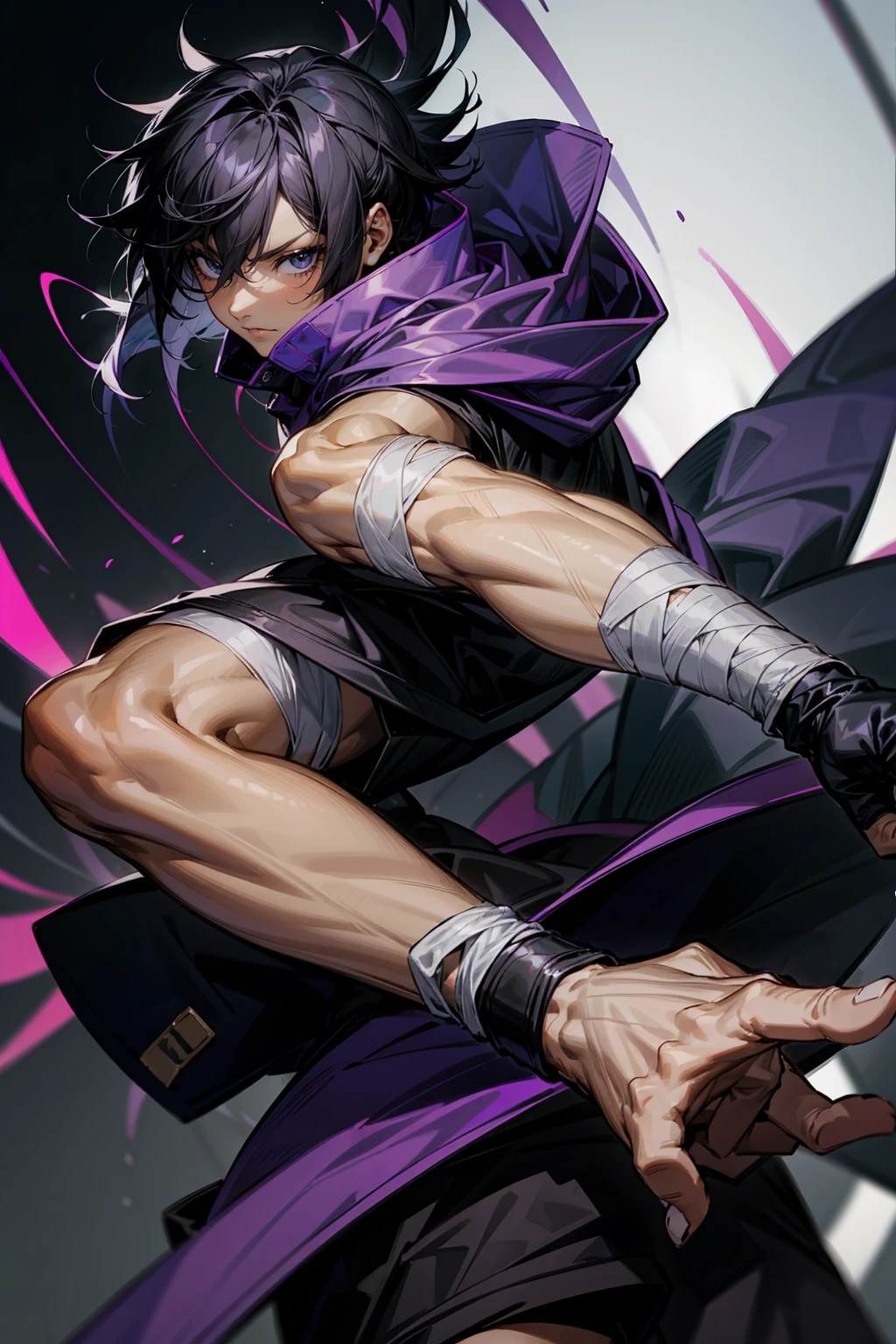 high quality, 1male, adult male, black eyes, black hair, medium length hair, darkskin, black bandages on arms, purple gloves, black and purple yukata, grey sweatshirt, serious