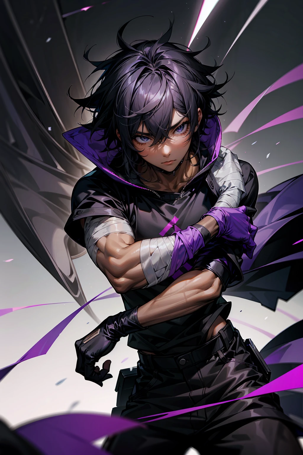 high quality, 1male, adult male, black eyes, black hair, medium length hair, darkskin, black bandages on arms, purple gloves, black and purple yukata, grey sweatshirt, serious