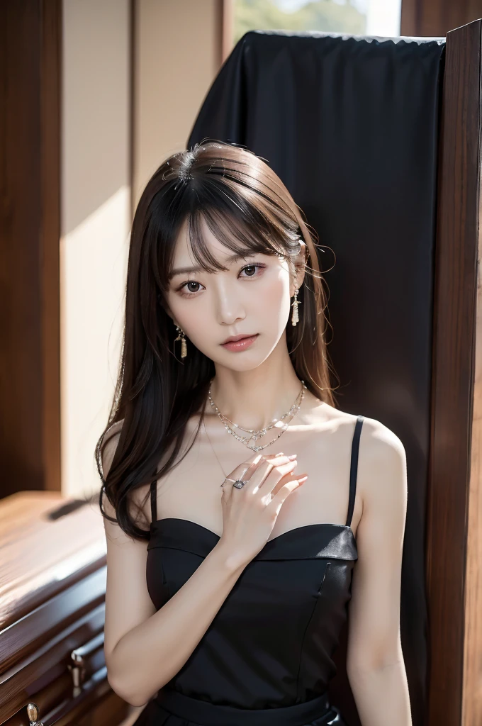 necklace, ring, watch, Earrings, (funeral:1.3), skirt, Black Dress, whole body, slender, 40 year old Japanese, woman, Beautiful face, Highest quality, Ultra-high resolution, (realism: 1.4), Depth of written boundary, Beautiful Face, (Purelos Face_v1: 0.8), Two people, Natural Makeup,