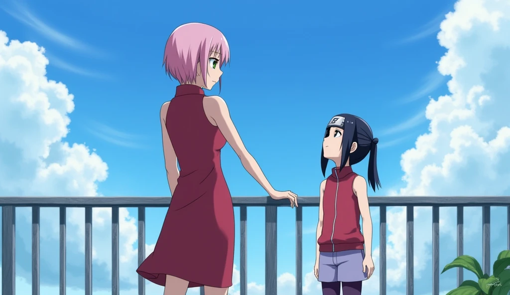 female character sakura is approaching her daughter sarada who is standing on the balcony while looking at the sky. (Sakura is depicted as a character who has green irises, pink hair that is neck-length with bangs that are set aside, wearing a red outfit with a collar that covers the neck and that are sleveless, and also wearing long white pants, while Sarada is depicted as a character who has black irises, short hair that is neck-length with a side-parted hairstyle and bangs that are set aside, wearing red rectangular glasses, wearing a headband with the symbol of the village of konoha, wearing a red outfit with a collar that covers the neck and a zipper that is in the middle of her shirt from top to bottom and also sleeves that are sleveless, wearing short pants once above the knee in lilac color, with dark purple stockings to the knees, and wearing black ninja shoes)