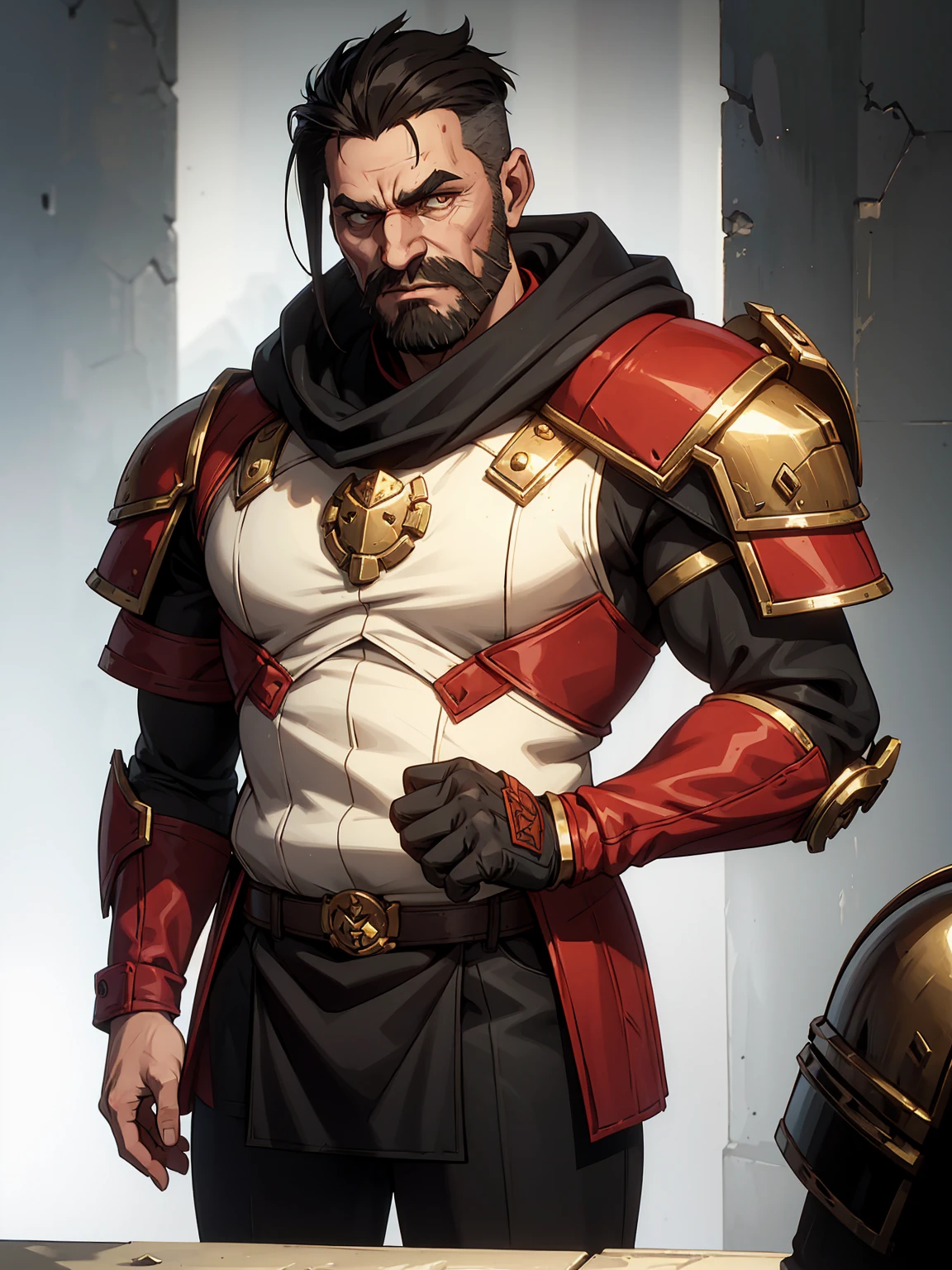 Picture of a Warhammer 40k Inquisitor with greying hair and one-sided haircut and a mechanical eye and scarred skin and a stubble beard in his mid 40s with a grim expression, grimdark style, wearing heavy full body si-fi-power-armor with a fur-cloak over his left shoulder and Inquisitorial symbol embedded, (((upper body portrait))), standing, plain white background