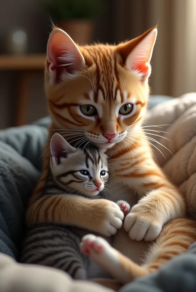 Creating a video of a cat holding her kitten like humans do , realistic, real, high resolution detail, full photo like real