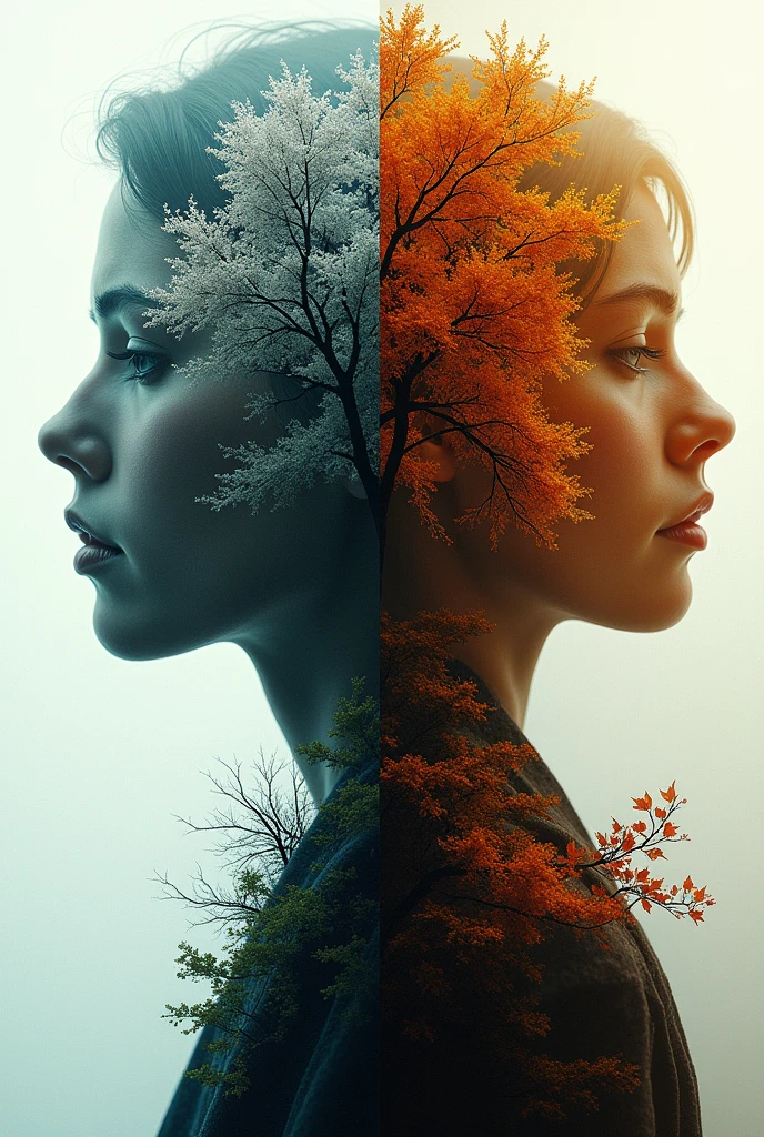 Hyper-realistic glitchcore surrealism: four razor-sharp vertical splits depicting seasons. Frosty crystalline winter, delicate pastel spring blossoms, lush verdant summer foliage, fiery autumn leaves. Double-exposed close-up silhouette with intricate digital artifacts. Ultra-high-resolution grain texture. Moody chiaroscuro lighting. Time's relentless march personified.