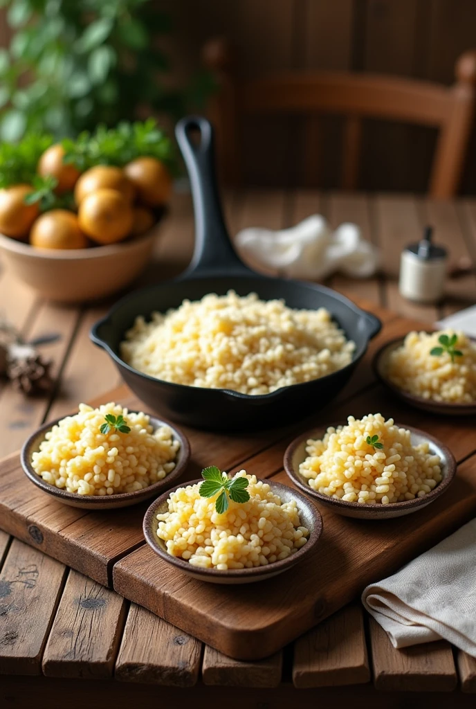 pan, videos, rice and potatoes, separated on different plates on a homely wooden table
