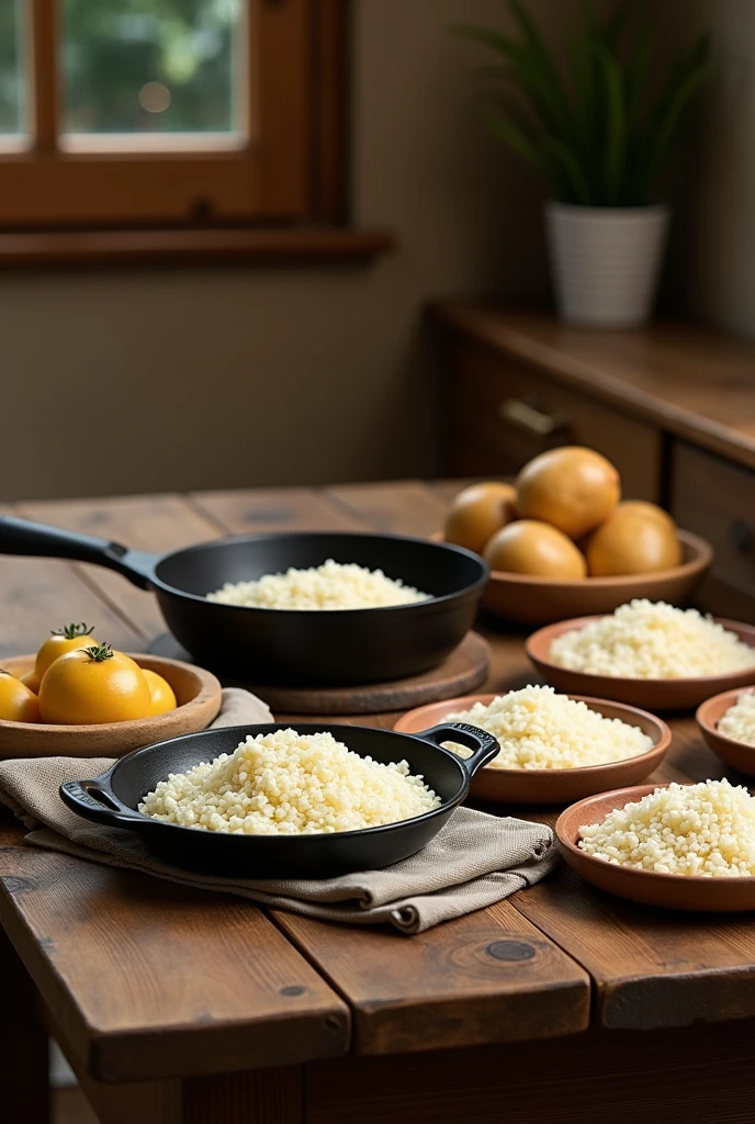 pan, videos, rice and potatoes, separated on different plates on a homely wooden table