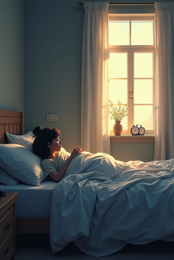 "A serene bedroom bathed in the soft, muted light of early morning. The alarm clock on the bedside table softly buzzes, its glow casting a gentle light across the room. A cozy bed with rumpled sheets and plush pillows sits invitingly in the center, and the figure in the bed stirs slightly before reaching out to tap the snooze button. The realization sets in—there's no rush today. The tension eases, and the person nestles back into the warm embrace of the bed, the blankets pulled snugly around them. The room is quiet, save for the faint hum of the world outside, and the ambiance captures that blissful moment of knowing you can drift back into sleep, savoring a few more precious minutes of rest."