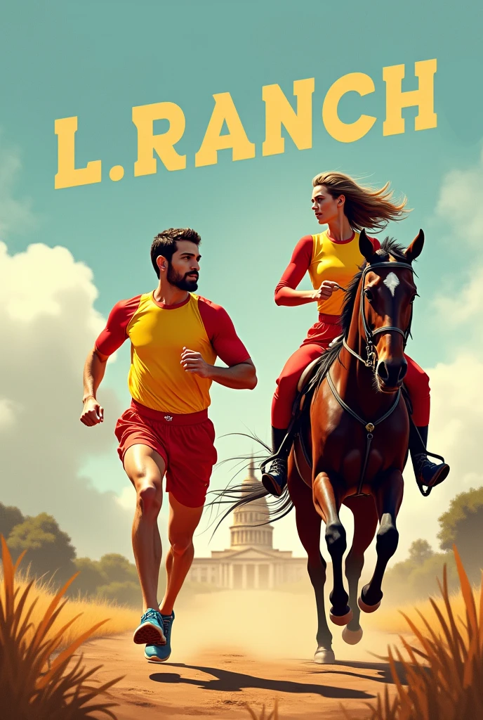 un homme marathonien qui essaie de rattraper une dame sur un cheval.
Il ne doit y avoir qu'un seul marathonien en train de courir et qu'une seule dame sur le cheval. Le cheval devra être au galop.
Les 2 seront de profils.
Ils devront porter une tenue vestimentaire rouge et jaune .
L'écriture " L. Ranch" doit apparaitre ainsi que le Capitole de Toulouse