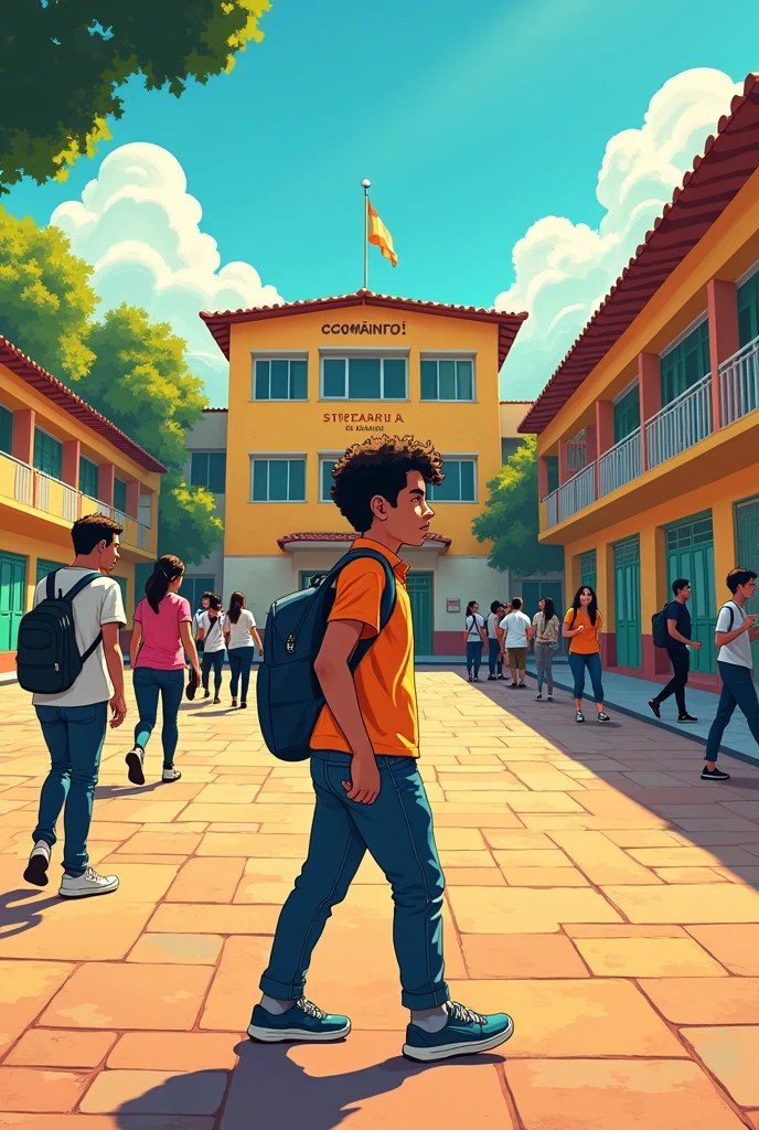 Create a comic, where a young man enters a public school in Argentina