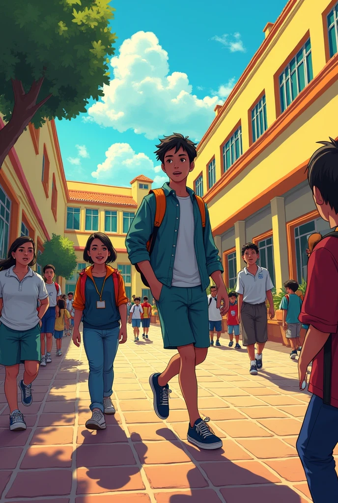 Create a comic, where a young man enters a public school in Argentina