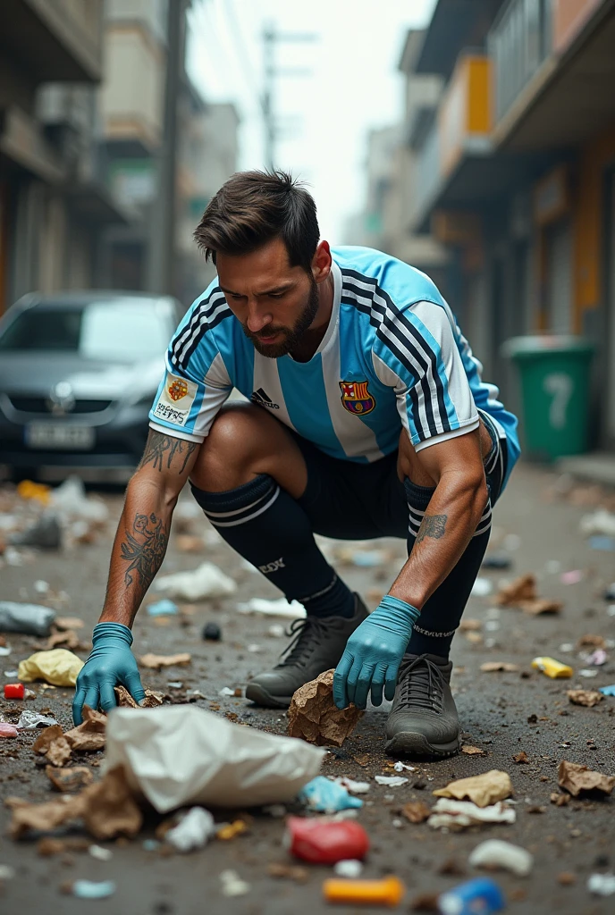 Messi picks up trash from the dirty street