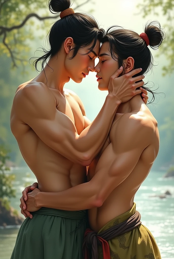 Drawing of two young ancient Asian men with muscular bodies,Kissing in sleeveless clothes