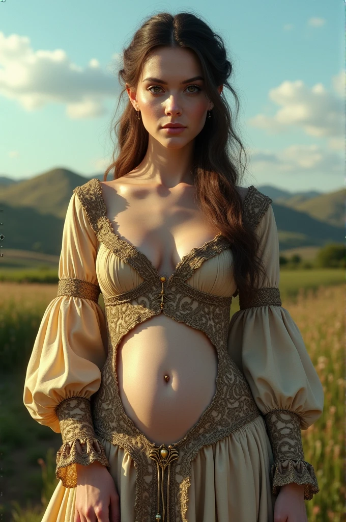 (photorealism:1.2), A woman in the Middle Ages, in the countryside, she is wearing a dress that has a window in the belly and have a belly piercing