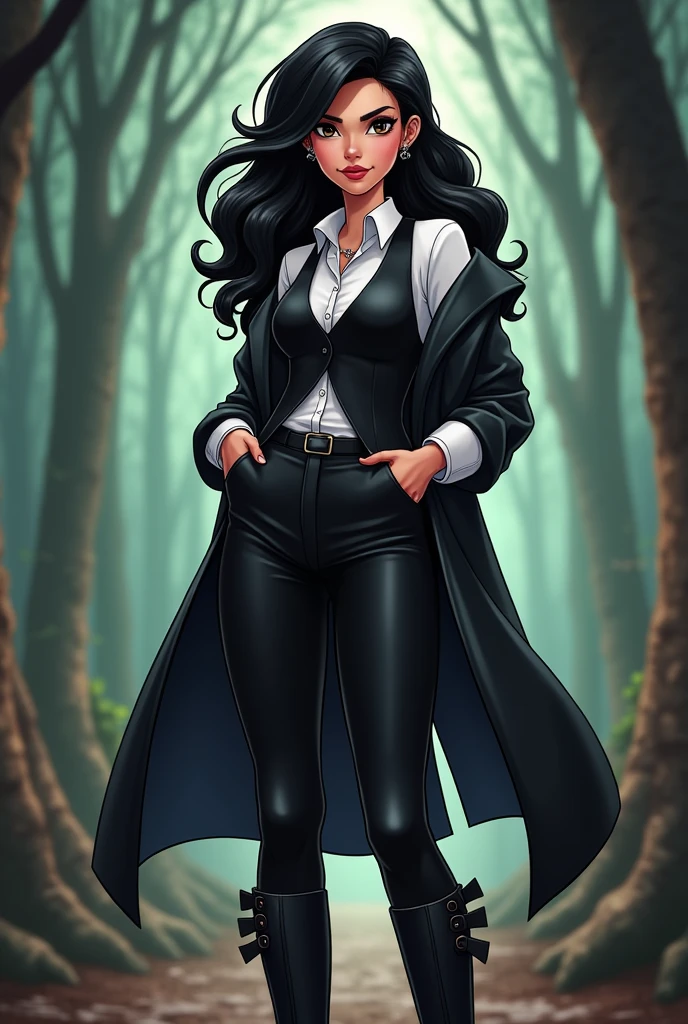 Imagine a young brunette with long black curly hair, wearing black riding boots that fit her legs well. She wears black pants with side pockets., hidden inside the boots. The white collared blouse is underneath a black vest. About all this, a black overcoat. In drawing in the line of gravity falls.