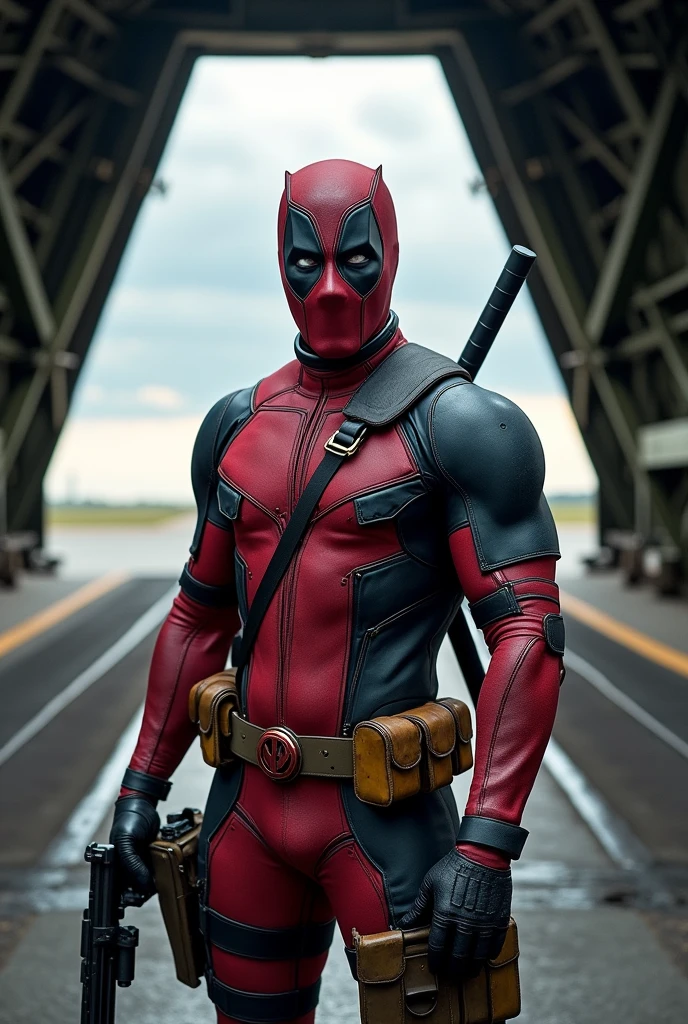 Deadpool, wearing x-force costume, waiting front of a door, in cargoo plane