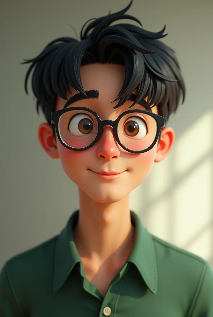 Create a young man with glasses, He is dark and seems nice. He is thin and wears a green shirt. Her hair is very short and black.. His eyes are brown 