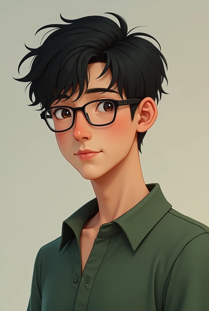 Create a young man with glasses, He is dark and seems nice. He is thin and wears a green shirt. Her hair is very short and black.. His eyes are brown