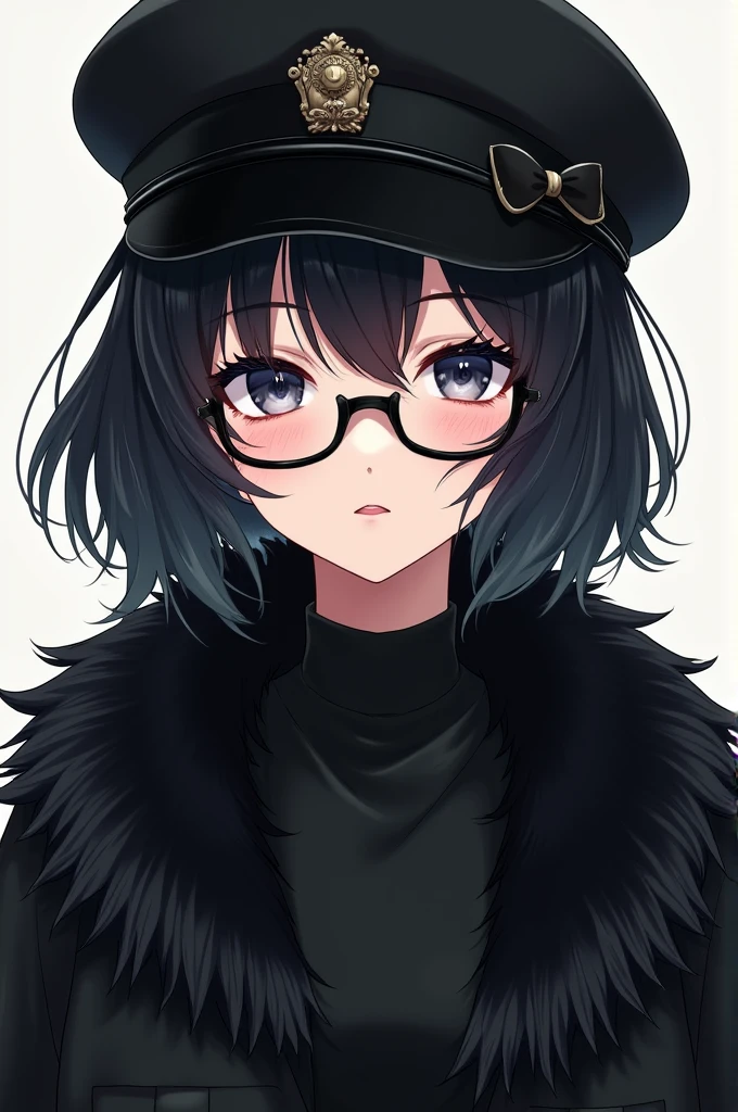 a female character,black fur,pale skin,black shirt,black fur,black russian hat,black glasses with a bow,anime style