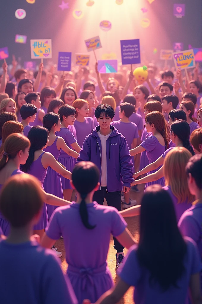 BTS&#39;s Min Yoongi in the middle of fans who are holding hands forming a circle, fans are dressed in purple hues and supporting the BTS member, and they have signs and posters saying #BTS is 7 e #WeLoveYouMinYoongi
