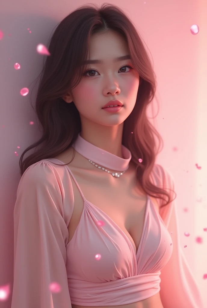 1 Malay girl, modern plain, shy, medium portrait, watery eyes, pink glowing particles, wearing kebaya covering the entire chest,pastel pink, ((big breasts)), pink light bokeh background, well-proportioned body,