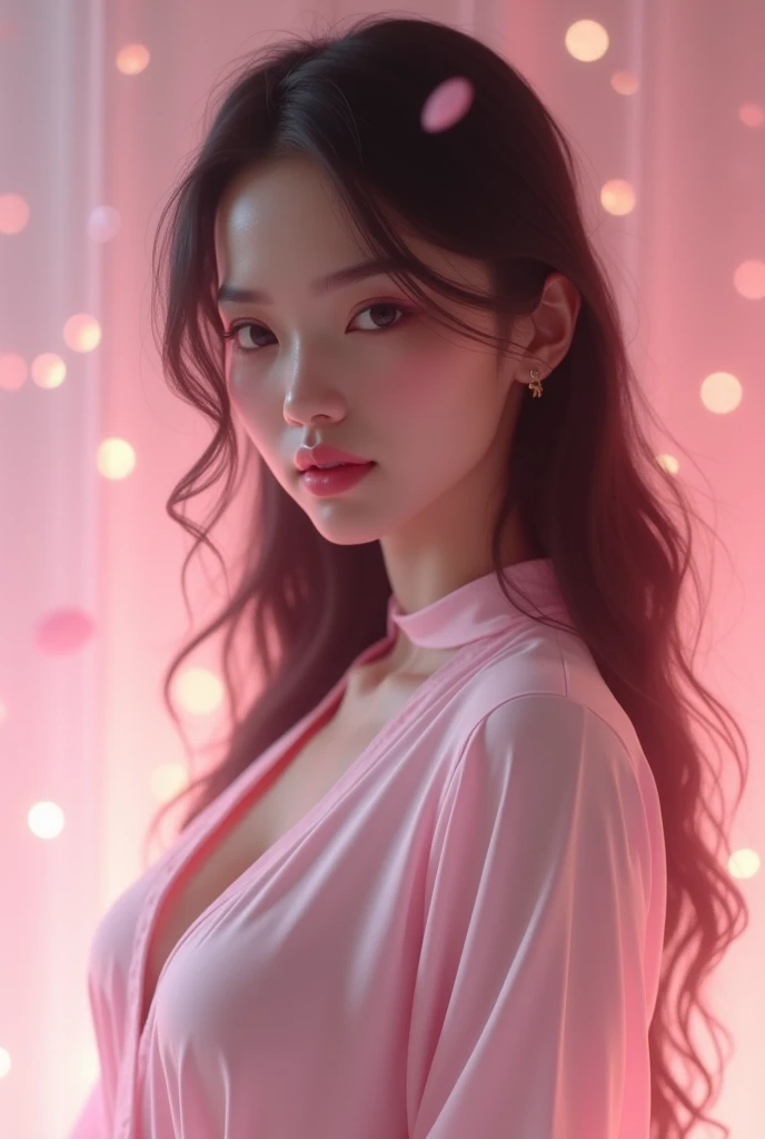 1 Malay girl, modern plain, shy, medium portrait, watery eyes, pink glowing particles, wearing kebaya covering the entire chest,pastel pink, ((big breasts)), pink light bokeh background, well-proportioned body,