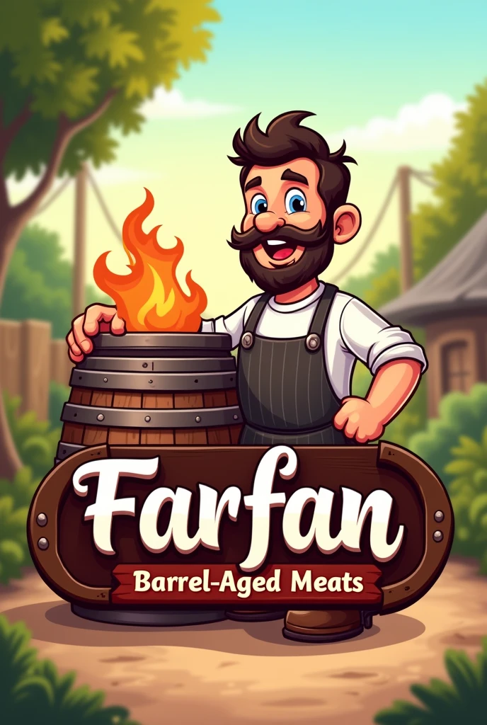 Generate a cheerful logo for a brand of grilled meats in a metal barrel with the name FARFAN and the slogan is: barrel-aged meats