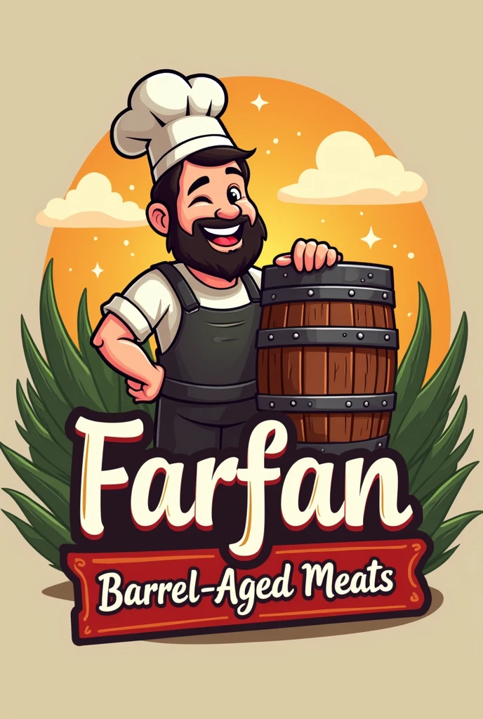 Generate a cheerful logo for a brand of grilled meats in a metal barrel with the name FARFAN and the slogan is: barrel-aged meats