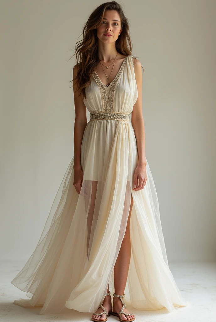 nd sandals, wearing a toga, wearing an evening dress, full body photogenic photo, wearing a long dress, long dress, wearing an elegant dress, wearing a flowing dress,
