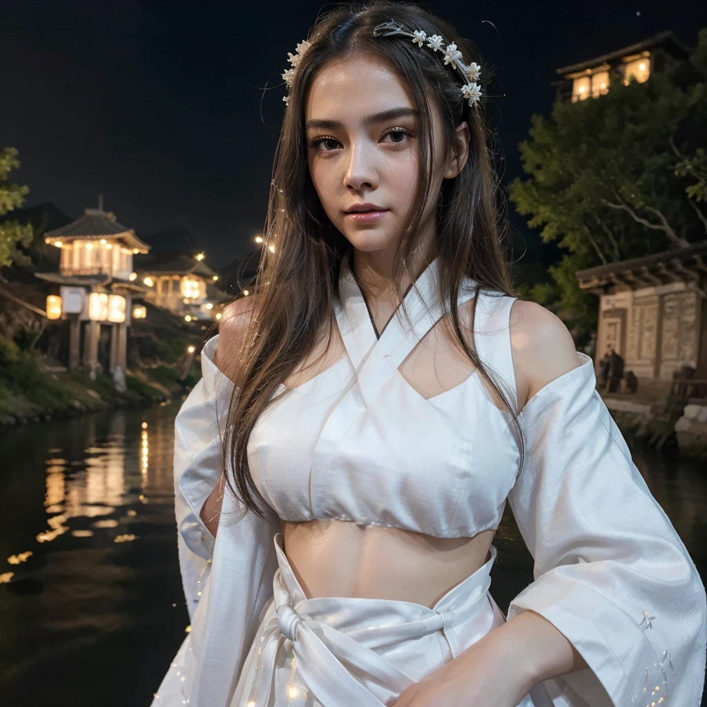 Best quality, Masterpiece, High accuracy,, 1girl, Detailed face, (Upper body:1.6), Cyber Cities, Mountains and rivers, a night, Firefly Lights, real, Rich in details, (White Hanfu:1.2), (Beautiful body:1.4),