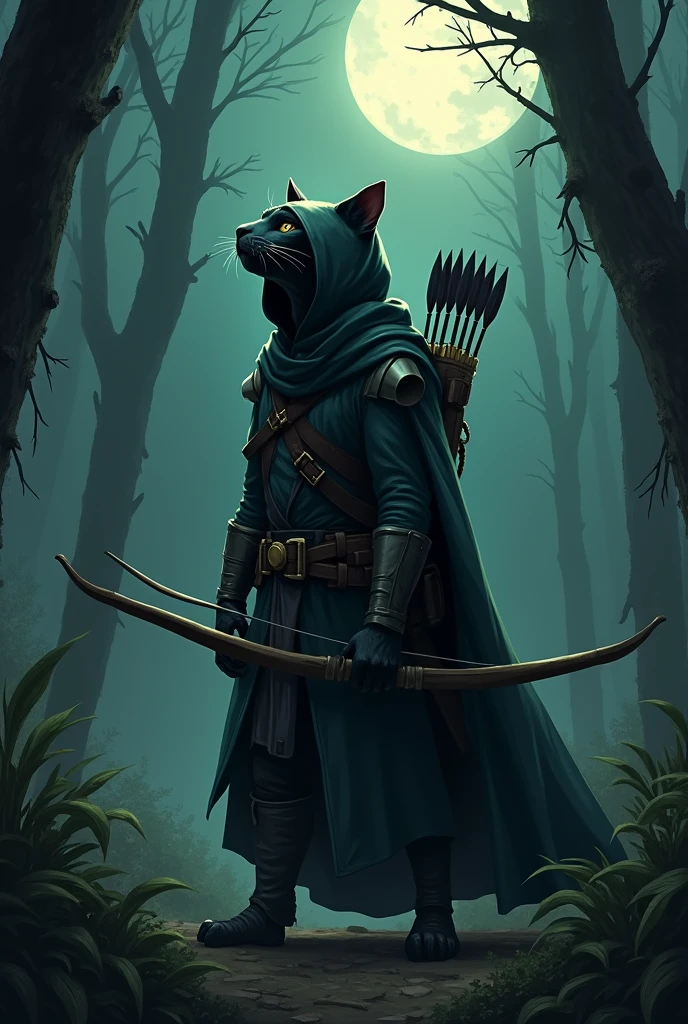 A cat-man dressed as a prowler (vêtement à capuche vert foncé avec une cape noire).
The cat wears the hood, un arc à la main et une flèche dans l'autre et un stock de fleche accrocher au dos
L'homme-chat est debout, nose in the air With a backdrop of a forest lit by the rustling moon.