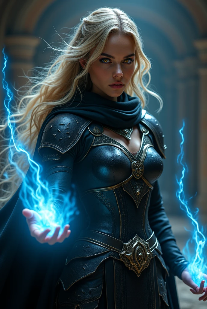 30 year old warrior Arabia girl with dark blonde hair and golden and luminous eyes, with long luminous blue strings stretching out from her fingers and black dark full armor and looking to the right and stay in dark room