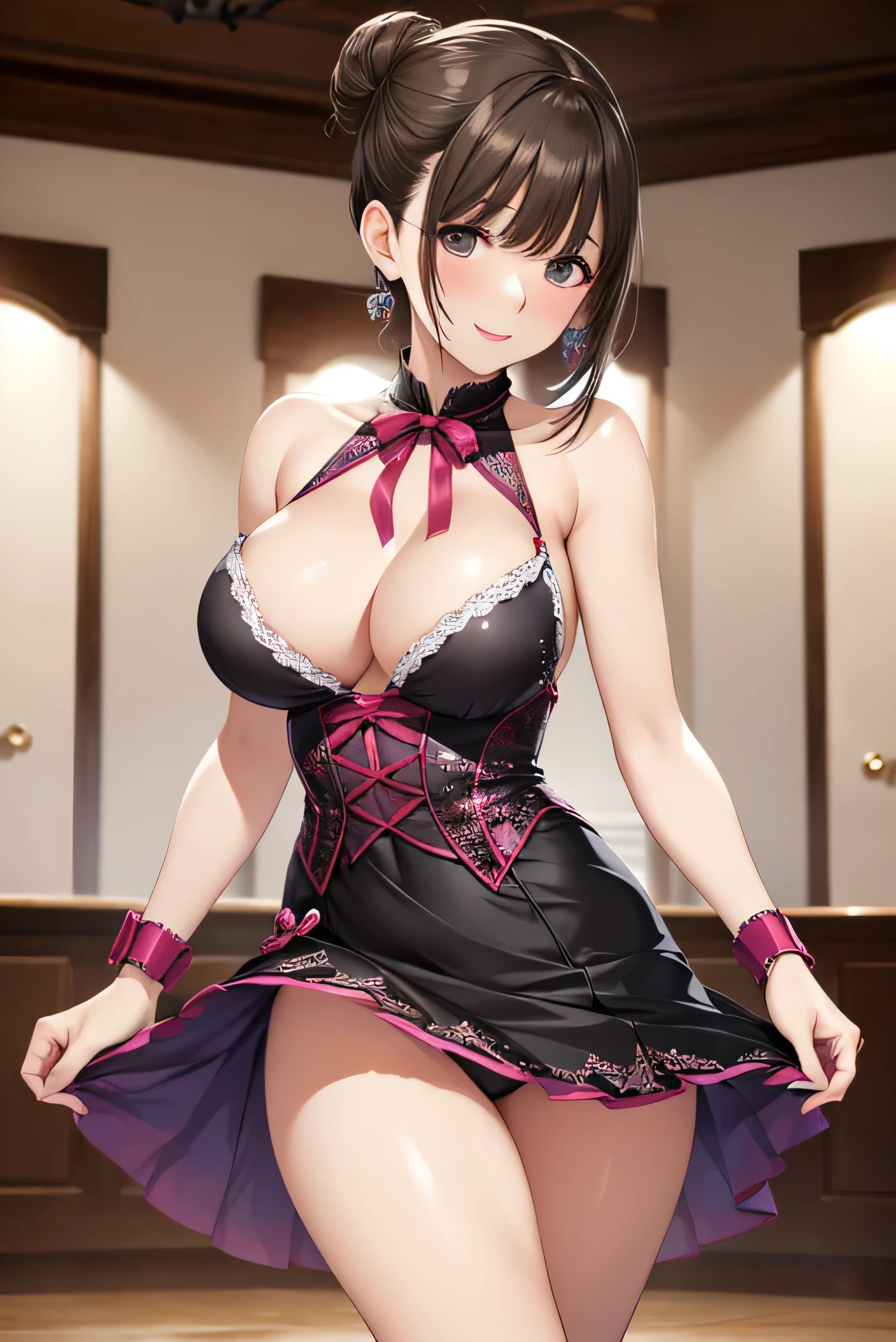 ((Mature Woman)),((masterpiece)), ((Highest quality)), (Very detailed),(Ultra-high resolution:1.0),(High saturation:1.0),60 years old,((Mature Woman)),Big Breasts,beautiful ,Delicate skin,whole body,thin,Fair skin, big ,No underwear,Single hair bun,smile,Skating rink,Figure skater,drop down,(Sexy jeweled miniskirt dresses for figure skating,ribbon, hair ornaments)