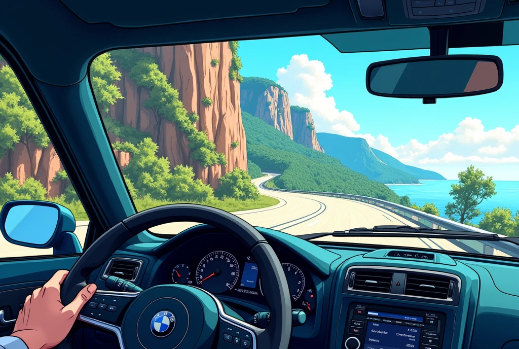 Interior of a car, a road with a cliff on the left side as seen through the windshield, in anime style
