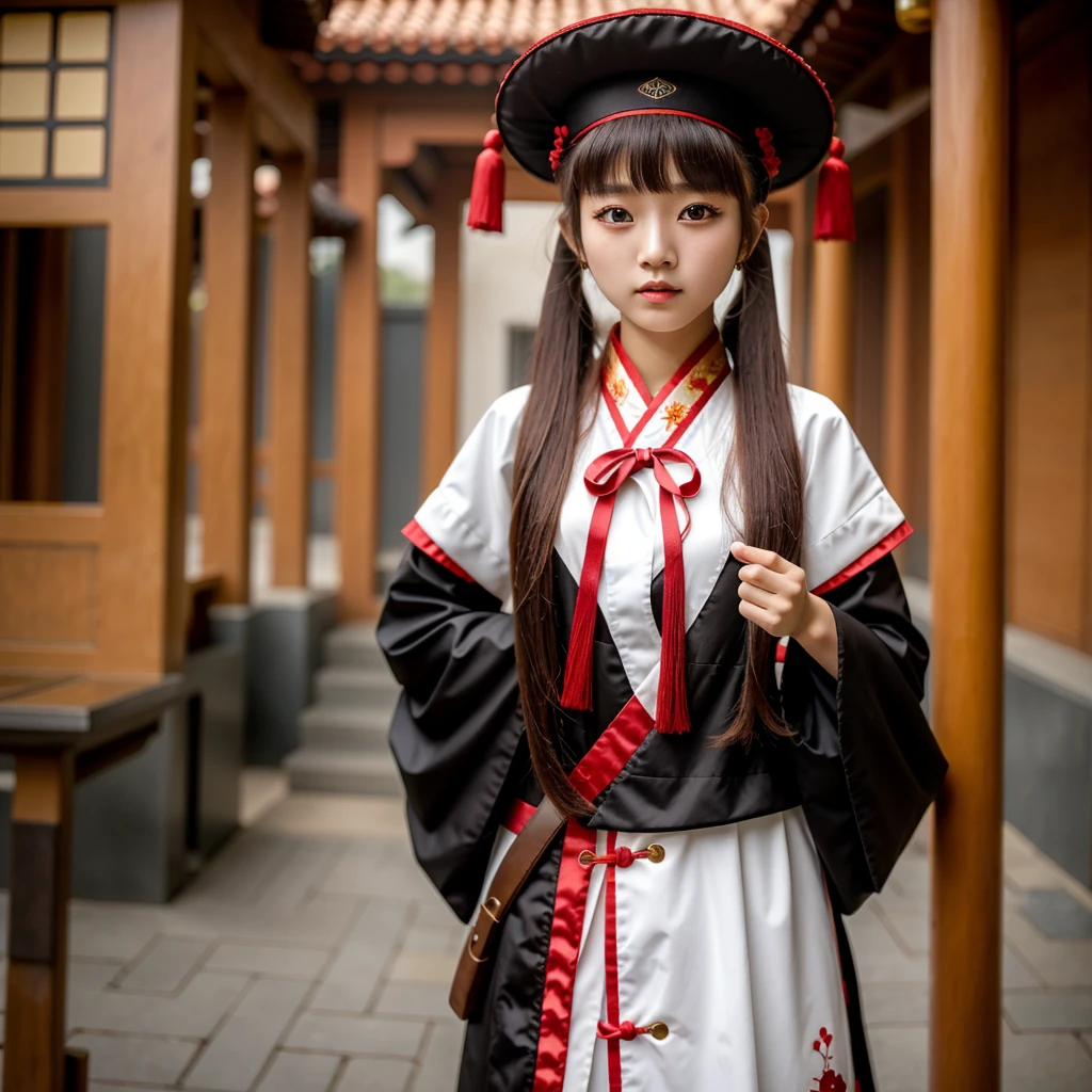 ​masterpiece, best quality,
1 girl, hu tao (Genshin Influence), Boo man,hat, red eye, Twin tails, Brown hair, alone, Symbol-shaped pupils, Long hair,bangs, black, kurze Hosen , Chinese clothing,