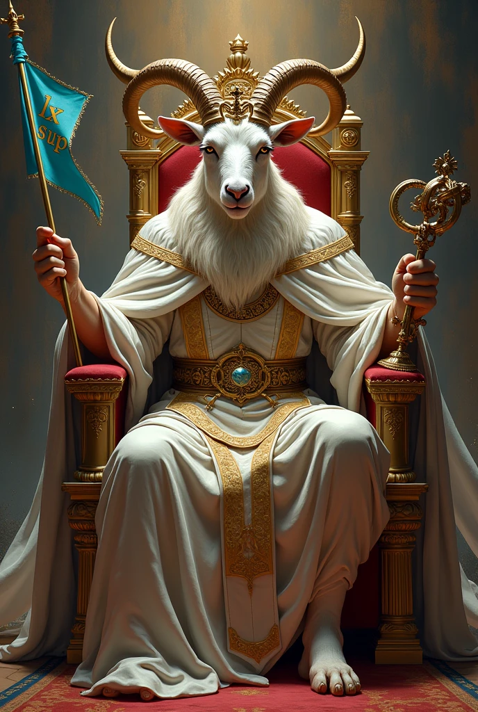 Create me an image of a goat sitting on a throne with its crown in god's clothes holding with one hand a light blue pennant saying LX SUP and in its other hand chains holding a bull and a dog