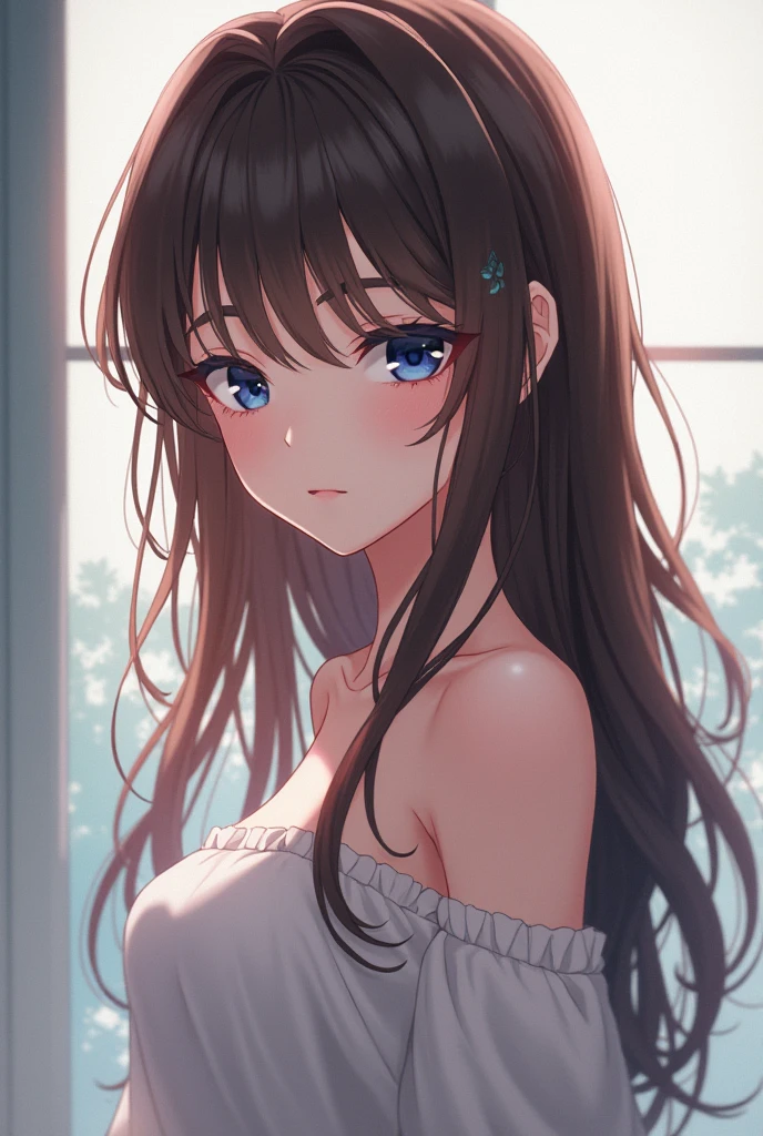 2 anime version girl, Long brown hair past the shoulder and wavy at the ends, slim, White skin, dark blue eyes and cup size b