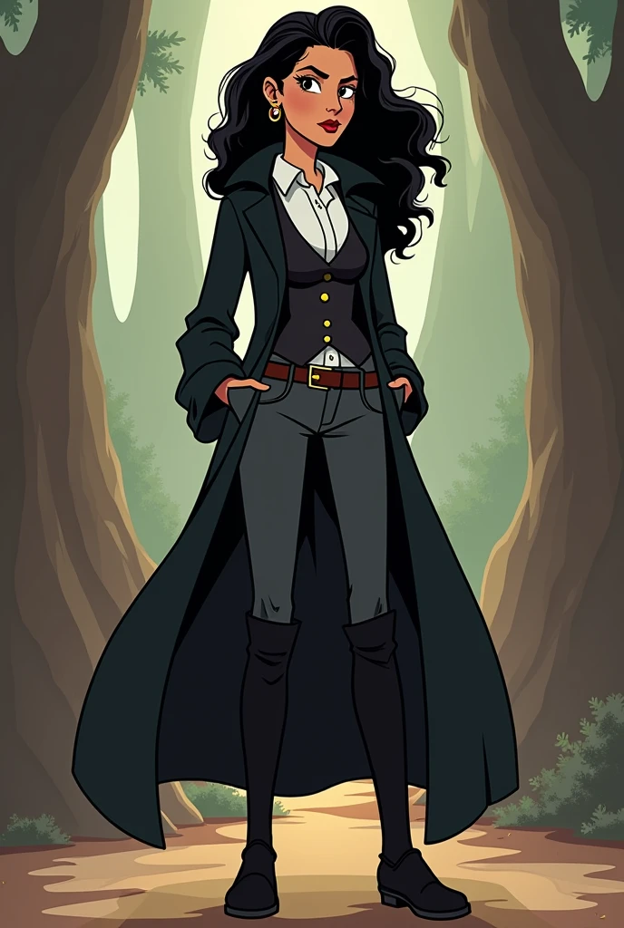 In the drawing Gravity Falls, Imagine a young brunette with long black curly hair, wearing black riding boots that fit her legs well. She wears black pants with side pockets., hidden inside the boots. The white collared blouse is underneath a black vest. About all this, a black overcoat.
