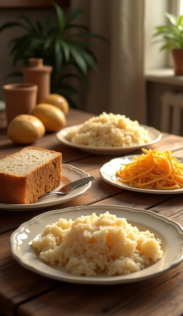  bread noodles rice and potatoes separated in different plates on a homely wooden table