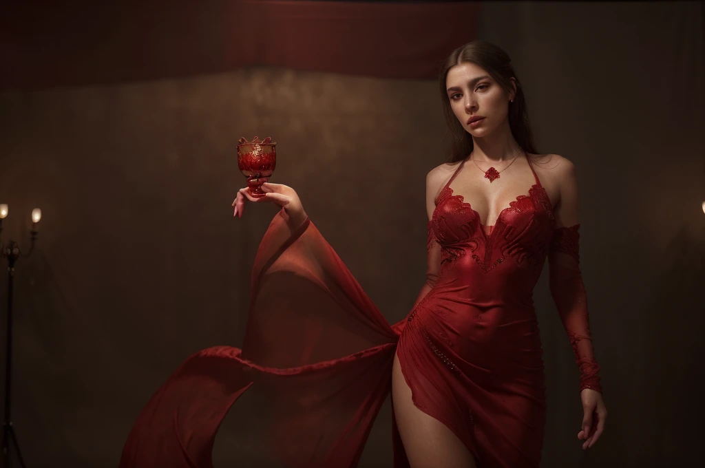 a beautiful young woman, elegant queen in a stunning red dress, see-through fabric, breathtaking detailed facial features, striking eyes, small breasts, intricate necklace, masterpiece, best quality, 8k, photorealistic, cinematic lighting, vivid colors, dramatic, fantasy, glamorous, high fashion