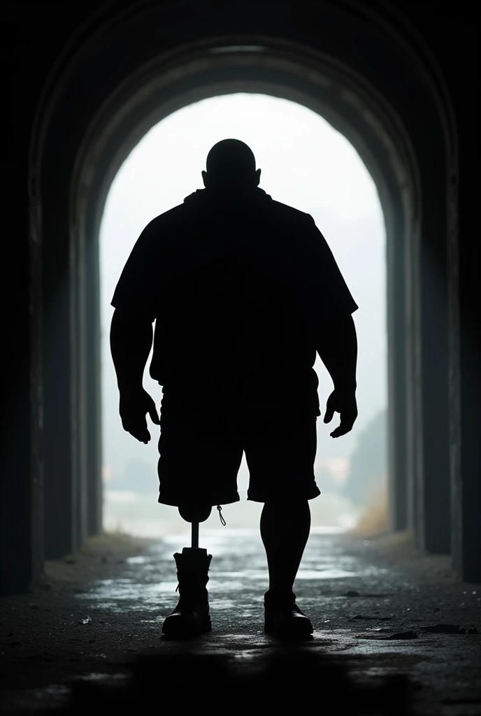Silhouette of a fat man with his left leg amputated at the entrance of a tunnel